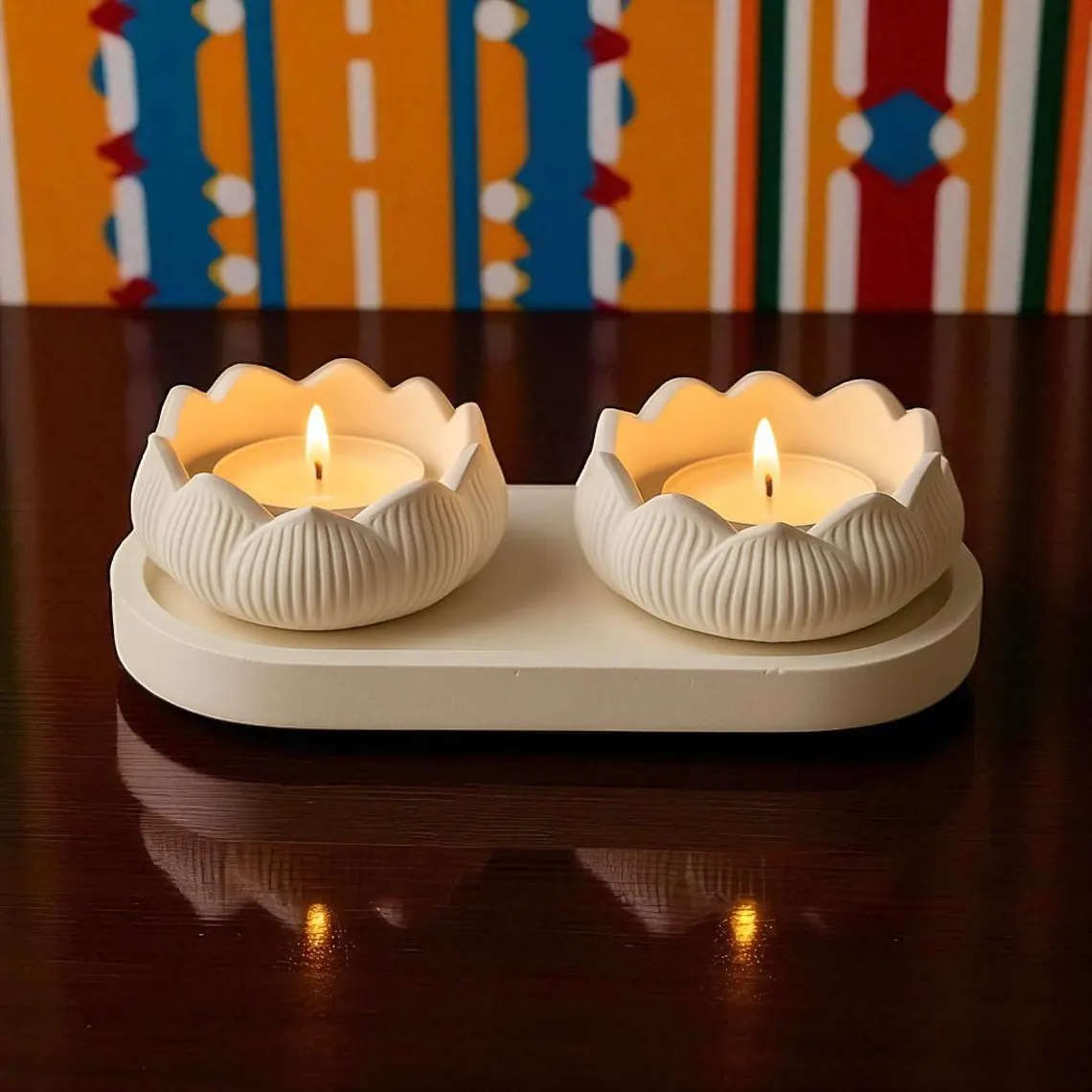 White Stone Lotus Candle Holders Set